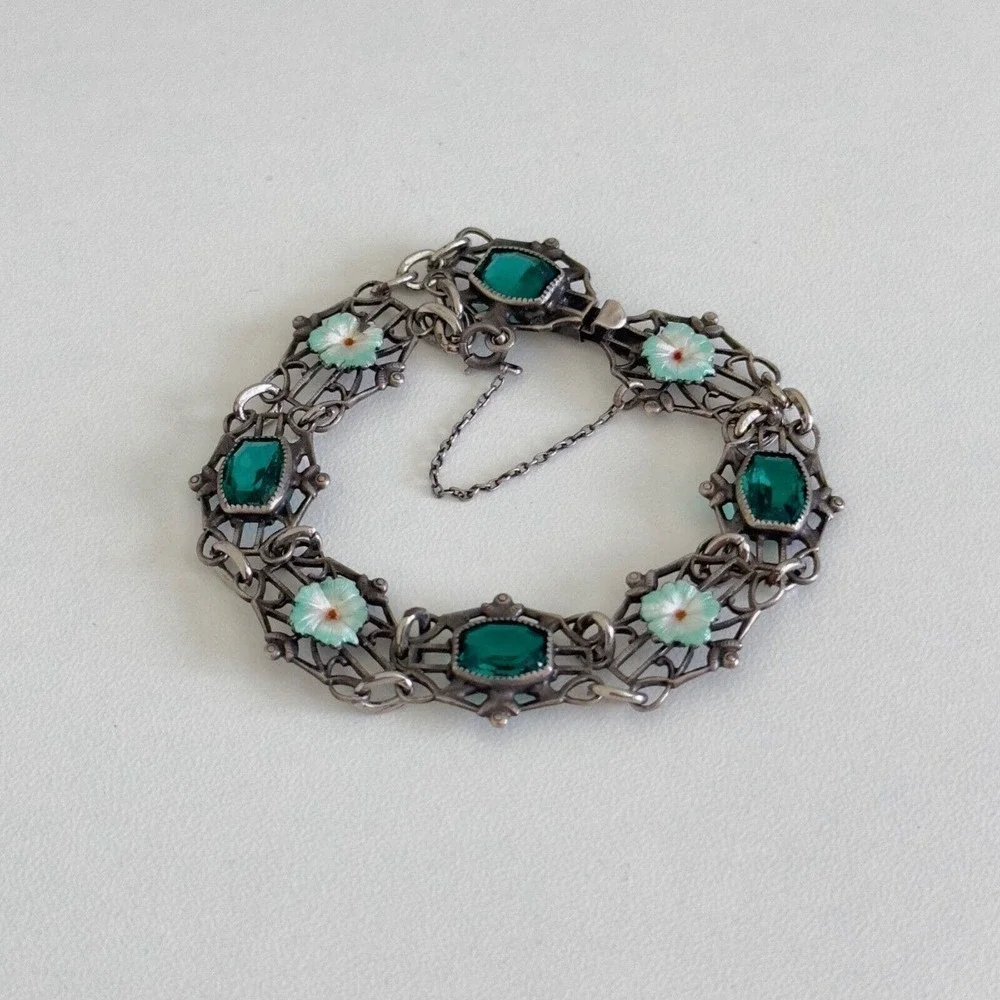 Antique Vintage Sterling Silver Enamel Flowers Emerald Green Glass Bracelet 6.5